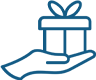 A blue and green icon of a hand holding a gift box.